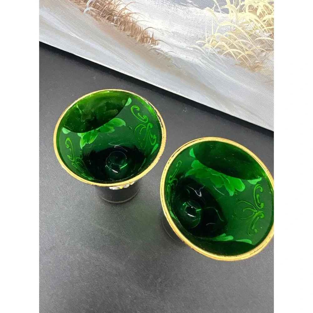 Vintage Bohemian Emerald Green Glass Shot Glasses Hand Painted Enamel Gold Gilt